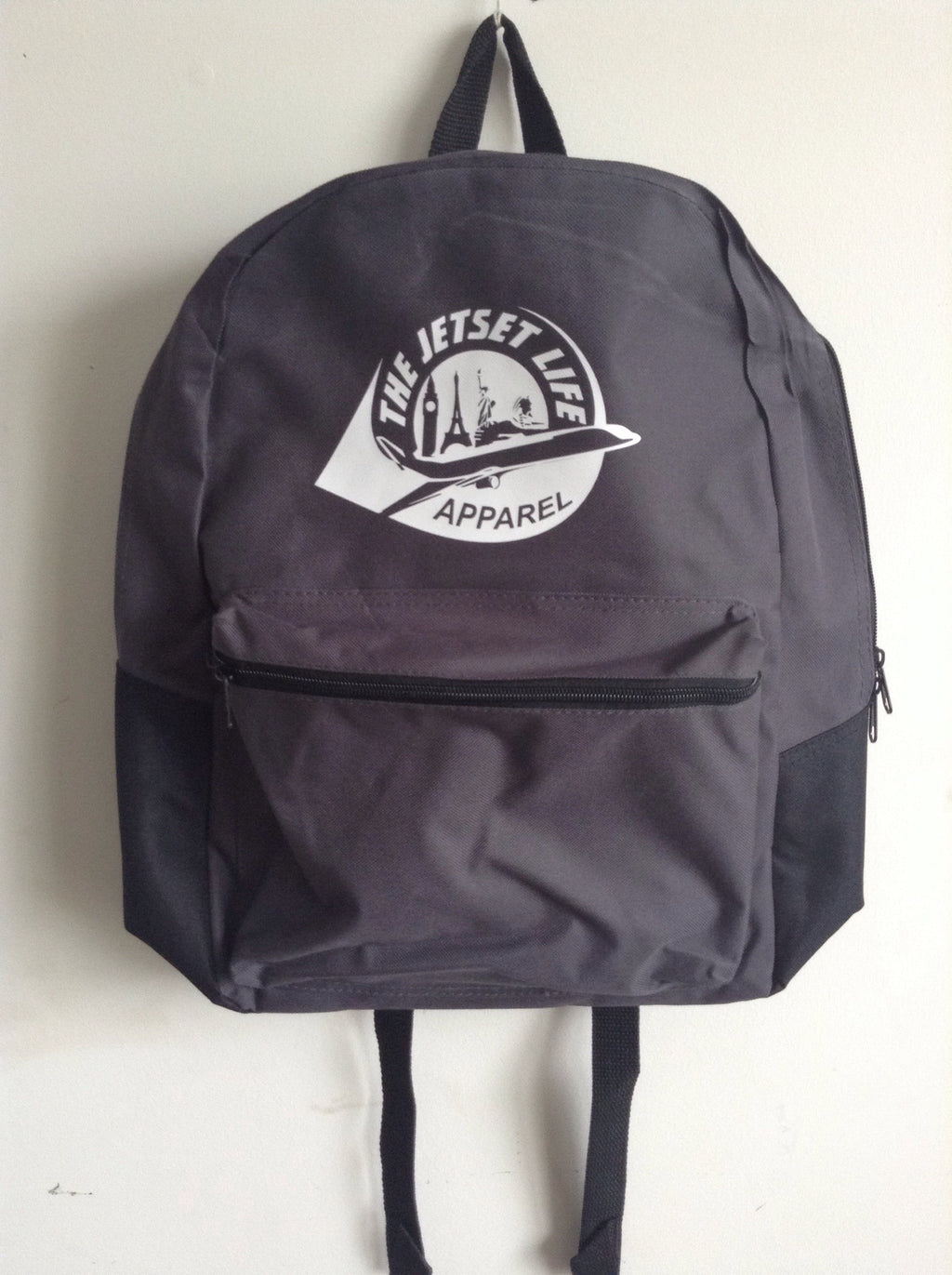 Grey and Black Jetset Life Apparel Backpacks